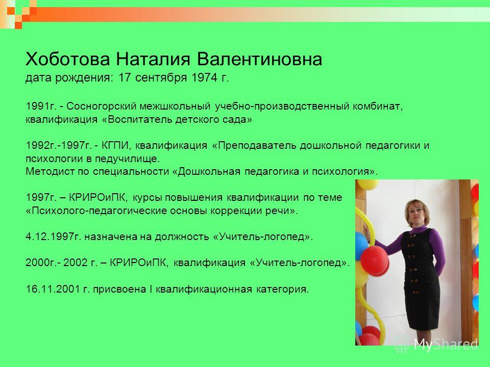 PORTFOLIO Speech therapist Khobotova Natalia Valentinovna Municipal budgetary preschool educational institution 